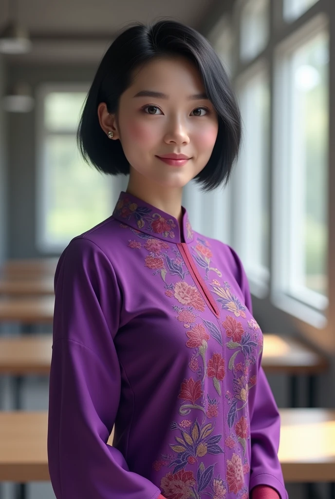 (photorealism:1.2), Asian lady,age 38,short black hair,height about 168 cm,chubby body,fair skin,indoor office,standing up,wearing Burmese traditional clothing top,body fit,purple color.