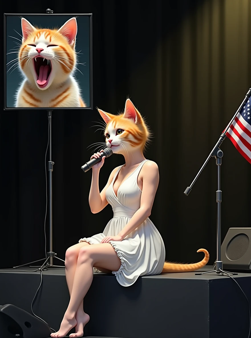 A cute female cat is wearing a one-piece white dress and sitting at the edge of the stage singing with a microphone、The cat's forward movement is covered with cat hair、。The small screen in the upper left corner of the screen shows a close-up of a fat cat in the audience, yawning with its mouth wide open.。(((photograph、Realistic)))