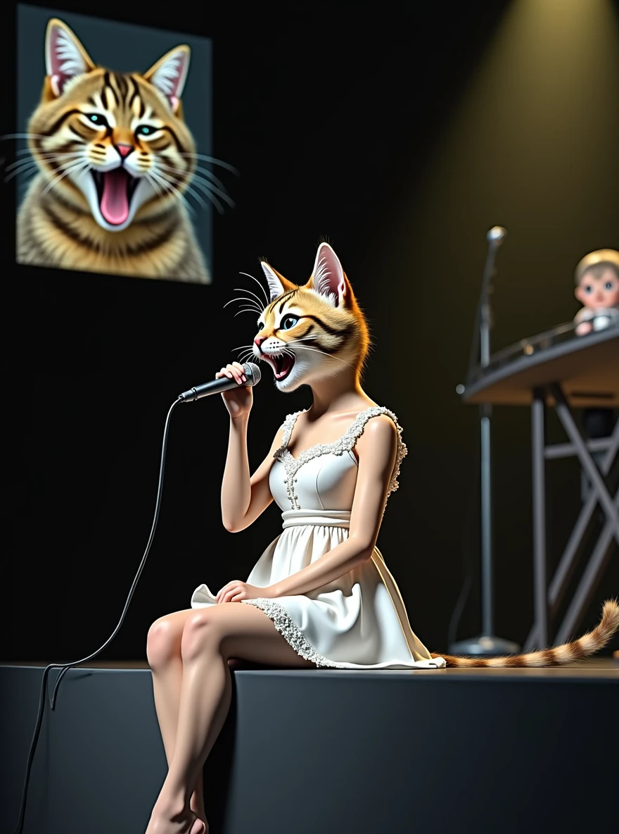 A cute female cat is wearing a one-piece white dress and sitting at the edge of the stage singing with a microphone、The cat&#39;s forward movement is covered with cat hair、。The small screen in the upper left corner of the screen shows a close-up of a fat cat in the audience, yawning with its mouth wide open.。(((photograph、Realistic)))