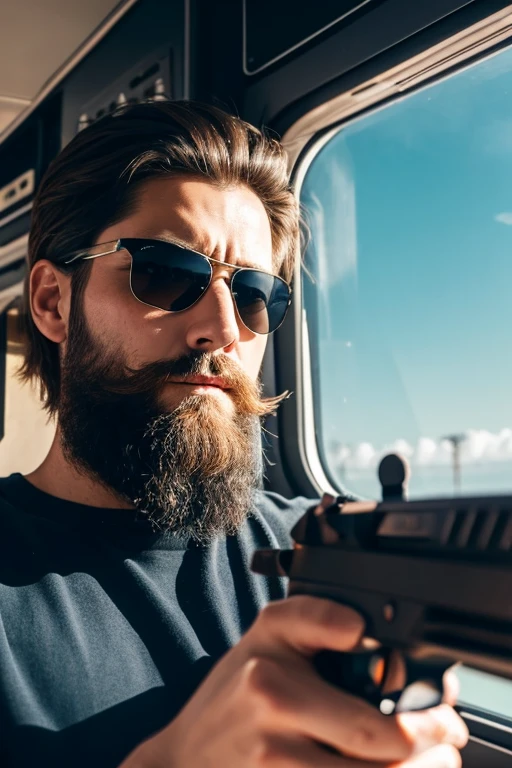 male,Inside the aircraft,Pick up the gun,sunglasses,beard,