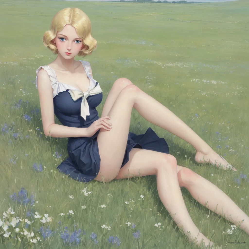 Many girls,group blonde, Green eyes, 1930s European style, high quality, full-body shot, , Big breasts, long legs beauty legs, Sailor Suit, Short top and short skirt lying on the grassland, blue sky , delicate eyes, Delicate lips, Extremely detailed face, long eyelashes, elegant, beautiful, beauty, charming, Exquisite, Realism, 8k, best quality, masterpiece, Endless grassland，shy look