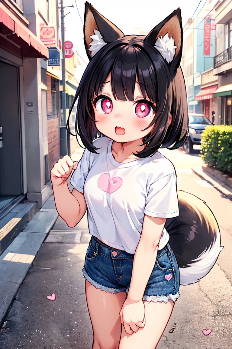 Beautiful illustration, best quality, cute girl, ((In the middle of a lonely street)), pastel color, natural tones, ((Straight Black hair)), ((Fox ears)), ((Looking at viewer)), ((Athletic body)), ((Black sports top)), ((Denim shorts)), ((Hearts)), ((Moaning)), (Blush), bright lighting, ((Big eyes)), ((Heart-shaped pupils)), ((Perfect hands))