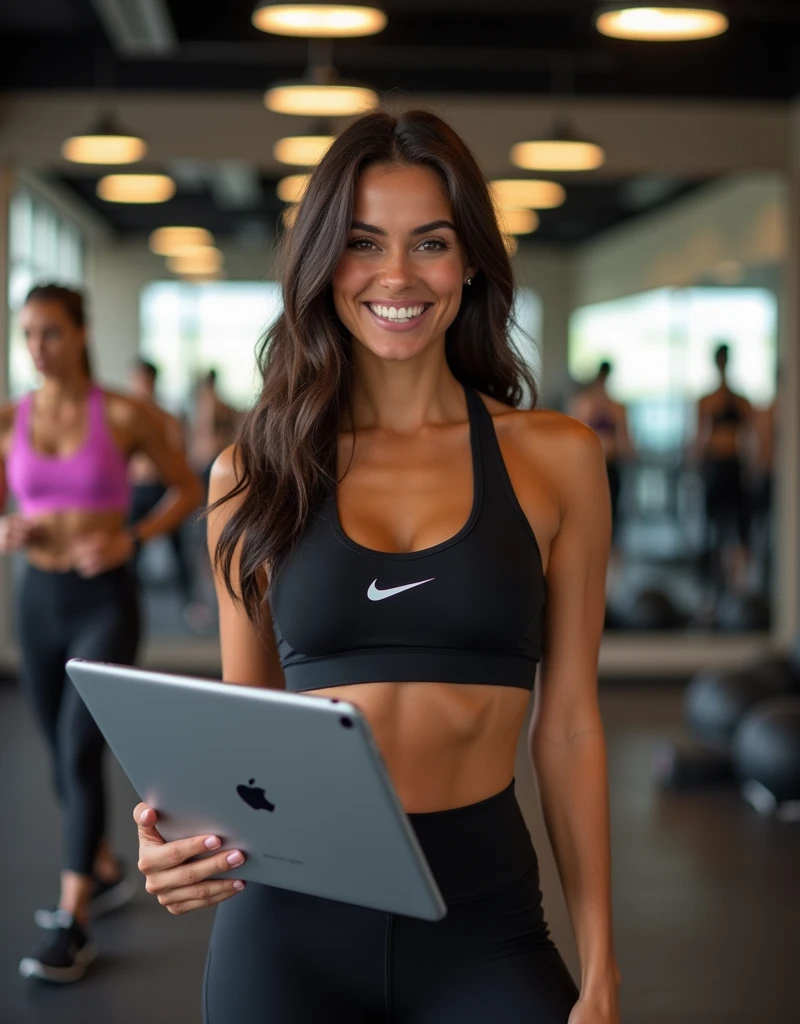 Brunette instagram influencer, dressed in older teal skinny yoga jump suit with small Nike logo, holding an ipad pro while another girl, large gym background, mirror, people working out, great lighting, candid photo
