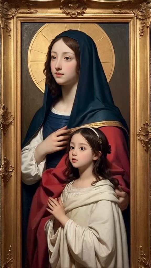 Virgin Mary、Ancient Jews、Beauty、Long face、Sacred、Halo、Wearing a blue cloak over his red clothes、Blue veil、With arms outstretched、A gentle gaze、Looking down、White Lily、Renaissance religious paintings、Raffaello Santi、Michelangelo、Leonardo da Vinci