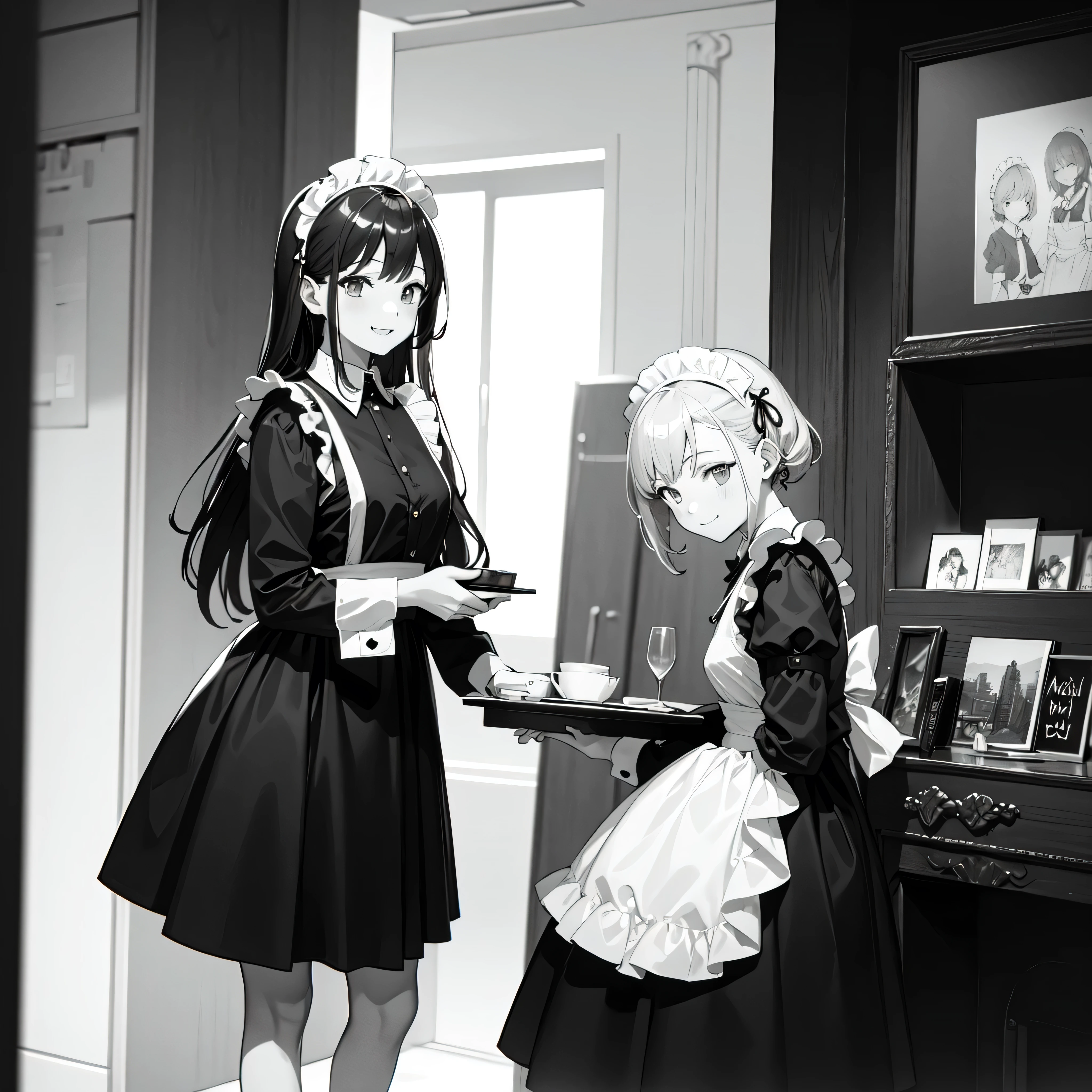 Monochrome illustration、One Girl、13 years old、Maid clothes、A perverse smile、waiter、
