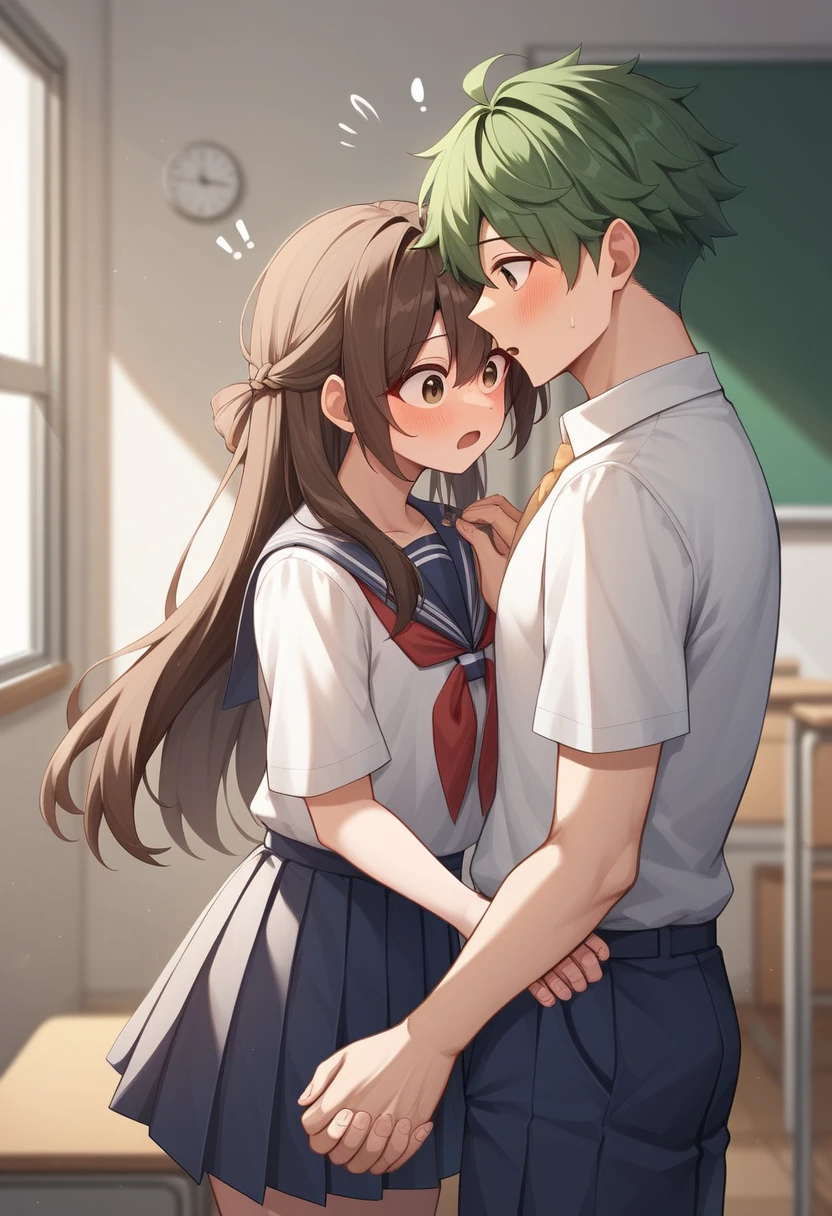 1 popular 18 year old boy, messy green hair, eyes locked, male school uniform. 1 of ************ nerd, Long brown hair, blushed, surprised brown eyes, female school uniform. romantic anime scene, class room, natural lighting, perfectly beautiful, super mega amazing detailed 