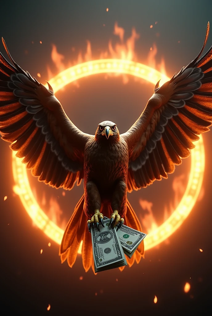 Create a realistic image of a hawk with open wings holding a wad of dollars in its claws, the entire image within a glowing circle with fire and at the top a text in Spanish in black that says HALCONES DEL NORTE WIN