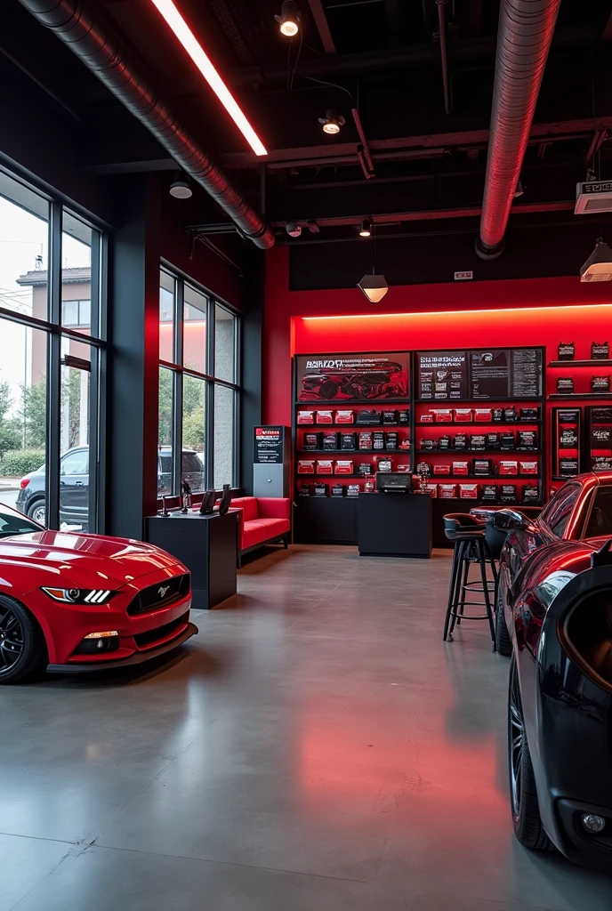 I want to open a business selling car batteries, that it is a modern place, with the essence of cars, that red and black colors predominate, that has a family business atmosphere.