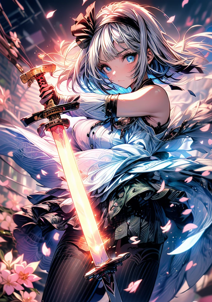 ((((Awakening)))),(((Highest quality))),((((Aura overflowing)))),(shape),(Dynamic Angle), ((Oriental Project)),((Disheveled Hair)), (((A slim body))),(((Use your sword skills))), ((girl wearing black tights)), (((View from the front))),((Beautifully detailed body)),((Shoulders are exposed)),(((Mysterious and sparkling blue eyes)))Gray Hair,((long hair with stripes)), Beautiful attention to detail,(Gradient color eyes),(((Delicate eyes))), (((background))),(((High saturation))),(((konpaku youmu))),(((In front of the cherry blossoms at night))