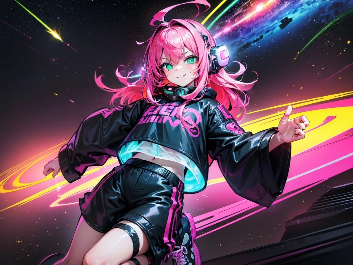 masterpiece:1.4, One girl ((20-year-old, Wearing a long-sleeved shirt, tight black shorts, sneakers, Medium chest, Multicolored pink hair, Curly Long Hair, Green Eyes:1.4, Wear headphones, Happy, smile, close, Floating in space:1.One Earth with galaxy in background:1.1, Neon and energetic atmosphere:1.2)) ((at night)) ((alone:1.6))