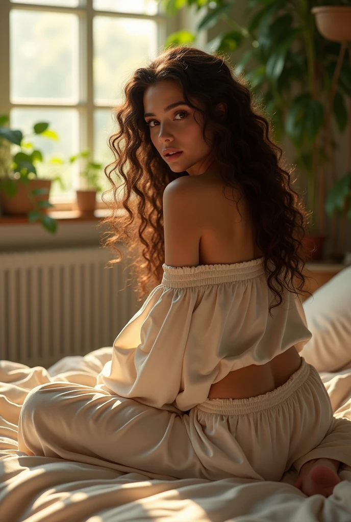 (photorealism:1.2), beautiful woman, sitting on bed, wearing loose off-shoulder top, pajama pants, long curly hair, indoors, soft lighting, plants in background, window with sunlight, cozy room, relaxed pose, realistic, intricate details, warm colors, by Greg Rutkowski, by Alphonse Mucha