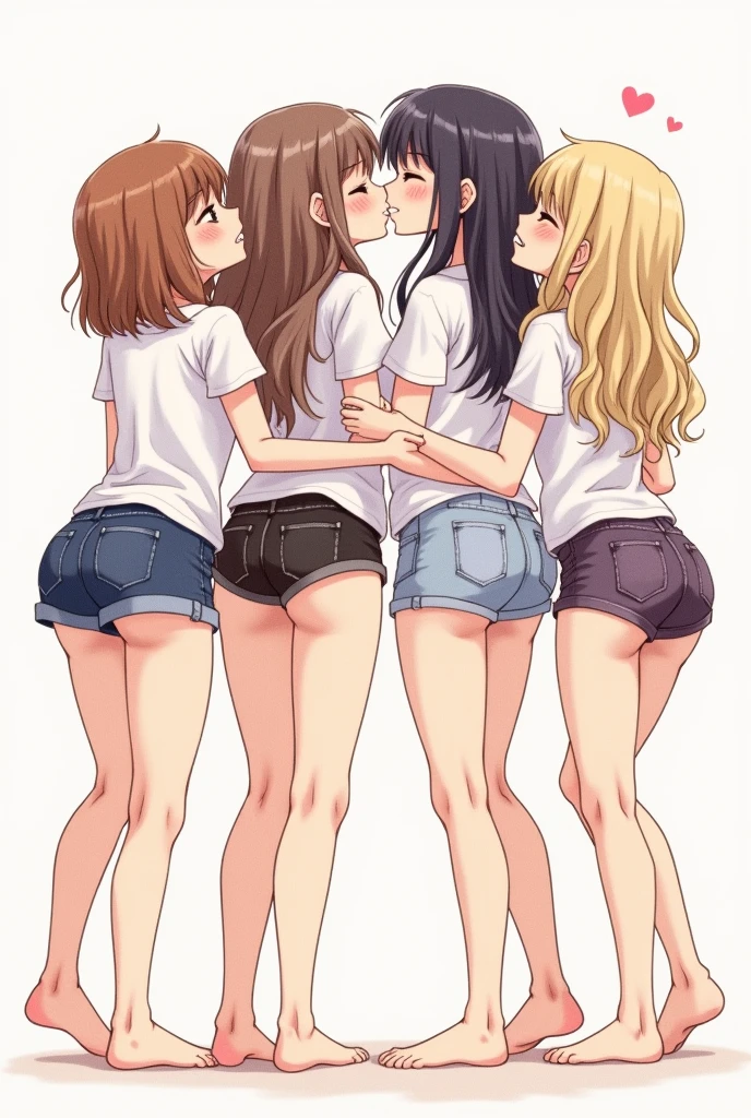 extremely detailed drawing of 4 girls kissing in short skirts showing