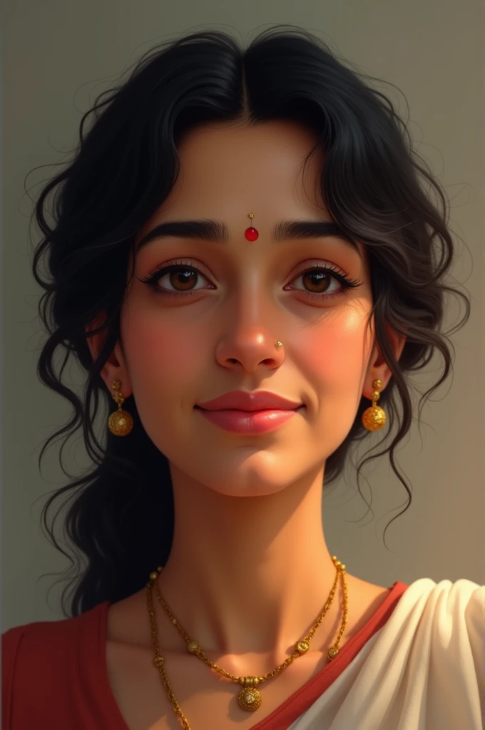 My mother name is chandra.she is 52 years old.she has fair skin .her face is round shape.she has black curly hair.her nose has nose pin