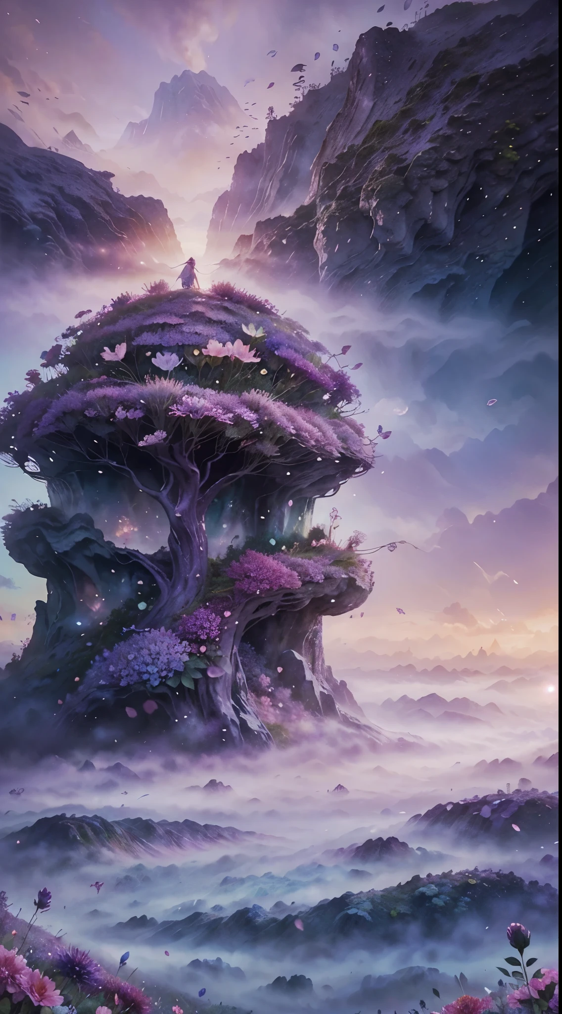 fresh flowers, magical fairy background, Magical background, Fantasy background, fairy tale style background, bubbly scenery, Ethereal background, mythical floral hills, in a surreal dream landscape, stuning fantasy 3 d render, lost in a dreamy fairy landscape, Surreal background, surreal dreamscape, surreal dream landscape, floral environment,purpleish color