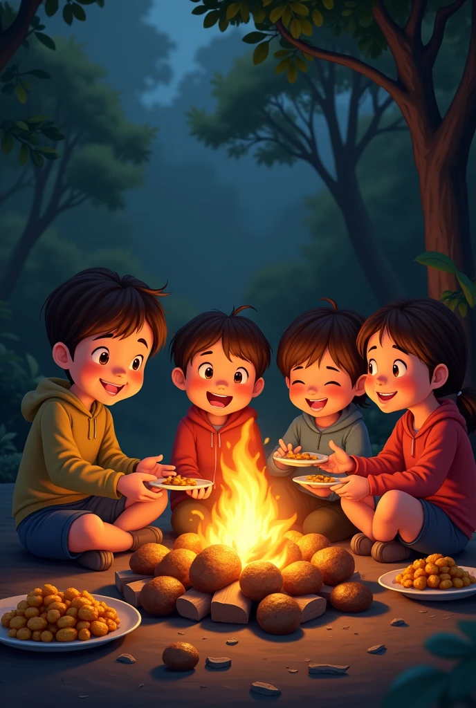 There are some children in circle sit near a spread fire wood camp fire and eating roasted potatoes  and chana  and the fire spread 
