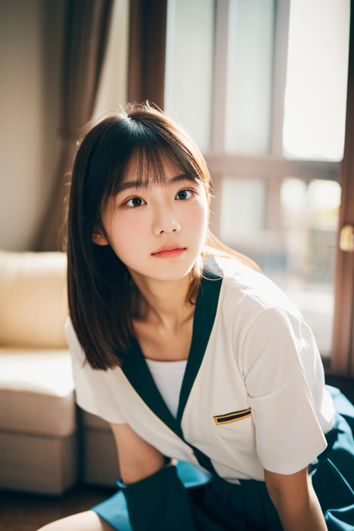 lens: 135mm f1.8,(Highest quality),(Tabletop:1.1), (Beautiful 16 year old Japanese girl), (Moisturized lips), Narrow eyes, double eyelid,Delicate clavicle,Flat Chest,Shortcuts,
(Let me me'Let me'Let's take another look), (close:1.4), shame, A faint smile,
(Spotted sunlight:1.2), Dramatic lighting,
(Take off uniform), (Sunburned skin:0.2),Full body photo、Full Body Focus、Sit on the floor with your legs open、Lift up the skirt、You can see inside her skirt