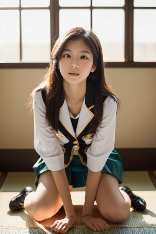 lens: 135mm f1.8,(Highest quality),(Tabletop:1.1), (Beautiful Japanese girl), (Moisturized lips), Narrow eyes, double eyelid,Delicate clavicle,Flat Chest,Shortcuts,
(Let me me'Let me'Let's take another look), (close:1.4), shame, A faint smile,
(Spotted sunlight:1.2), Dramatic lighting,
(Take off uniform), (Sunburned skin:0.2),Full body photo、Full Body Focus、Sit on the floor with your legs open、Lift up the skirt、You can see inside her skirt