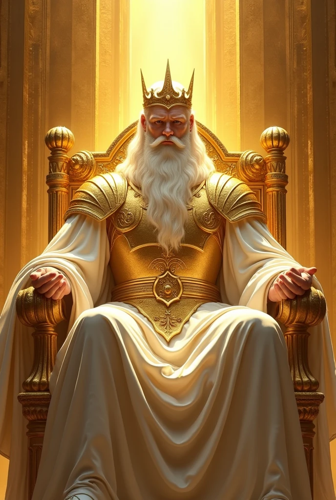 a young luminous man with posture, powerful and majestic, with huge white hair, with a big white beard, facing the front, with white robes, with a breastplate, with a golden belt and a shining golden crown on his head sitting and leaning on a large throne, and exalted, tall and spacious all of gold with shoulder armor in a city all of gold