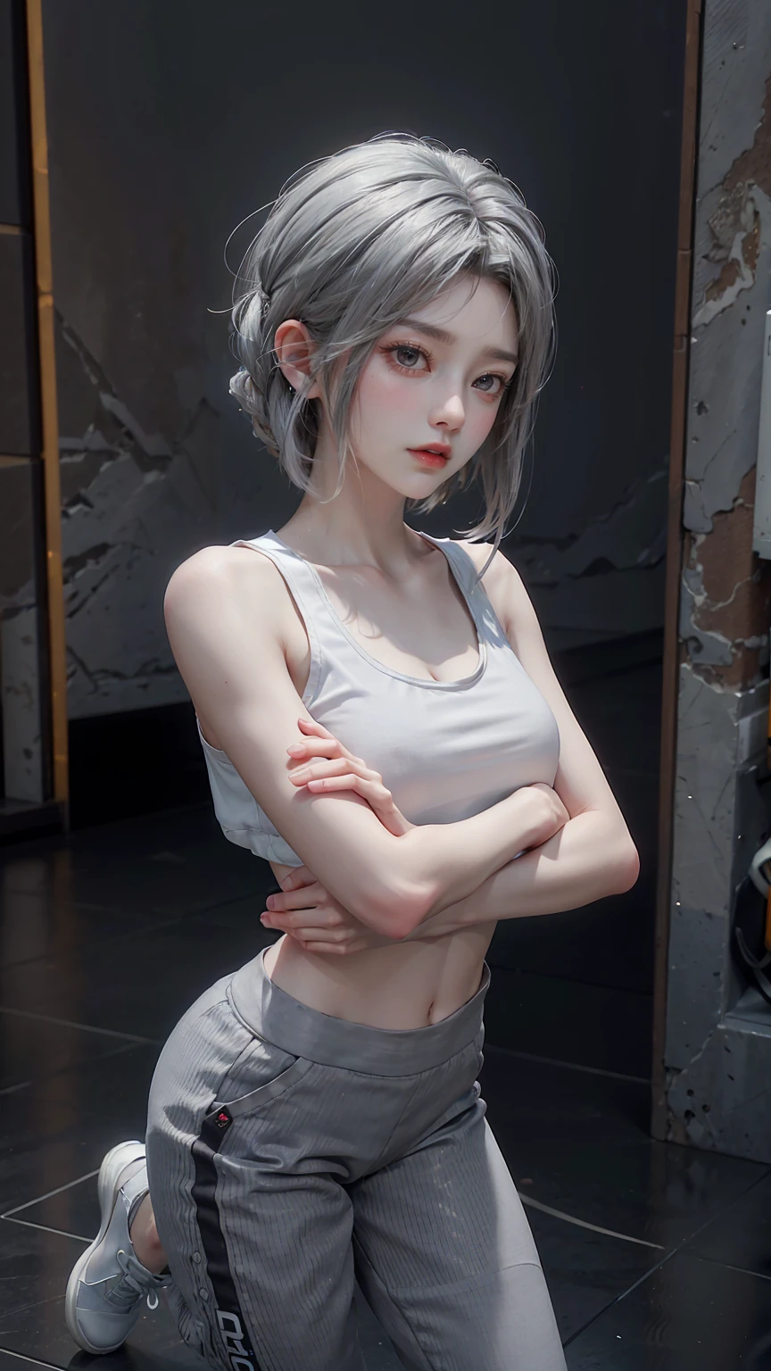 masterpiece,Game Art,Best picture quality,Maximum resolution,8k,(Upper Body),Unreal Engine 5 rendering works,(Digital Photography),(The girl looked into the distance),Short hair details,(The eyes are very delicate),(With long gray hair:1.4),(Perfect body),(Sports Tops,Athletic trousers,White sneakers,White cotton socks),Cliff Edge,light,night,Ray Tracing,RAW photos,((3D Unreal Engine)),OC rendering reflection mode