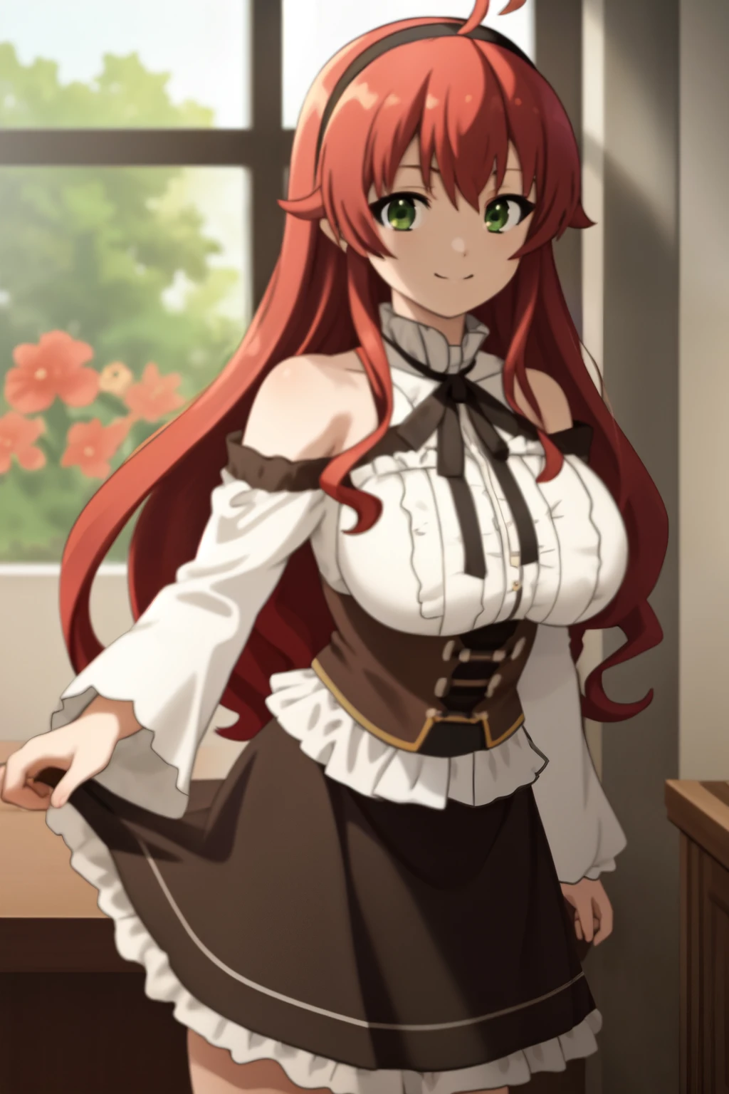 best quality, (masterpiece:1.2), detailed, eris boreas greyrat, closed mouth, light smile, long hair, red hair, ahoge, green eyes, black hairband, white dress, bare shoulders, big_breast, neck ribbon, black ribbon, brown skirt, long sleeves, standing, looking at the viewer, indoors, window, large_breast