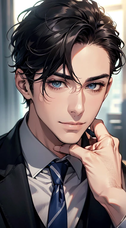 (Highest quality,4K,8K,High resolution,masterpiece:1.2),Super detailed,(Realistic,photoRealistic,photo-Realistic:1.37),1 person,31 years old,Mature Man,Beautiful skin、Profile、very handsome,Expressionless,smile,Short gray black hair,blue eyes,Sharp Eyes,A perfect face without a doubt,Businessman,Office Background,Cinema Lighting,HDR image,tie、