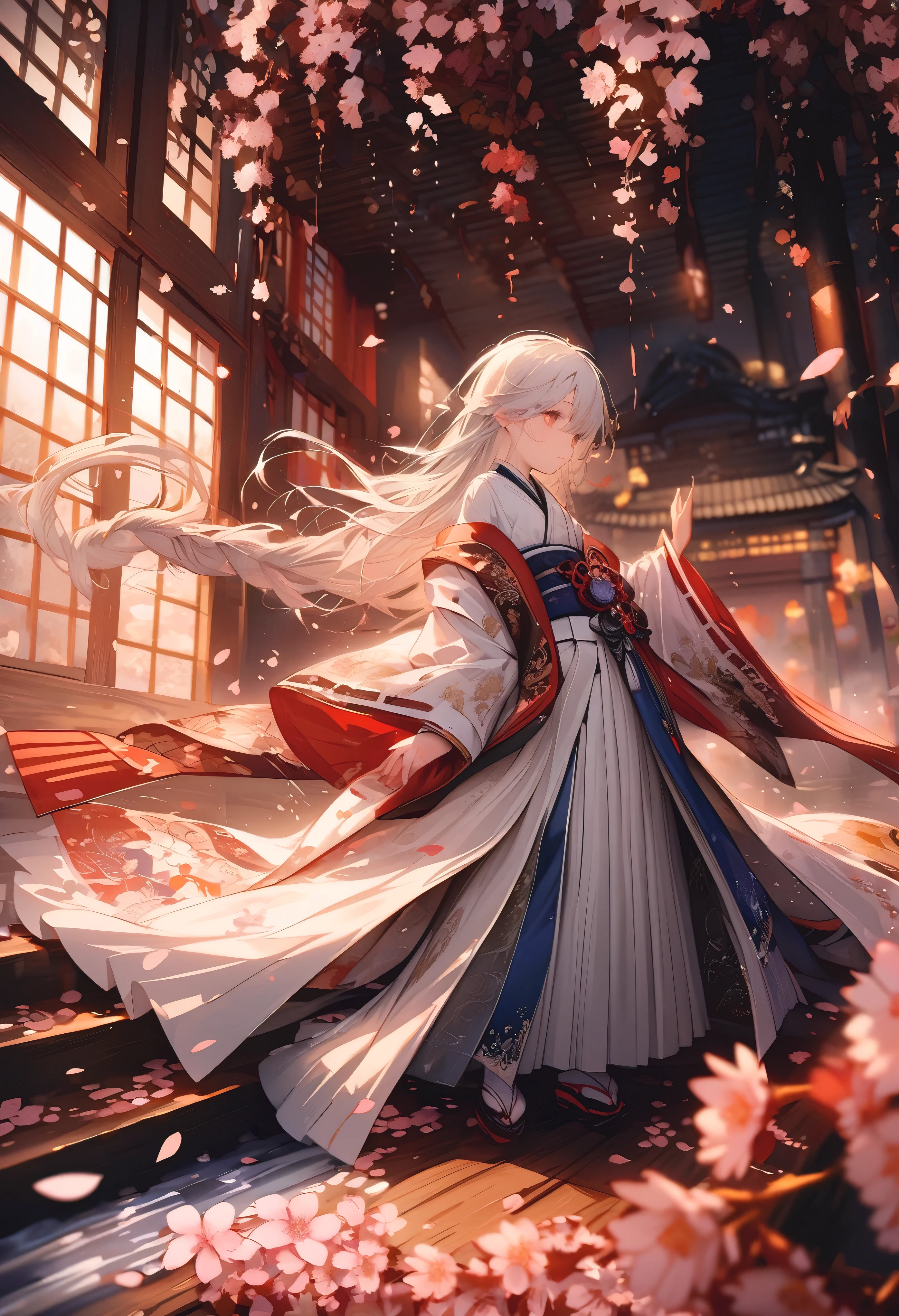 (full body), (solo), (A 7--old l:1.2), (very yo, (Solo), (small breast), (wide angle), raw photo, Aesthetic, Convoluted, Awarded, chiaroscuro, Best Quality, Detailed background, (Misty atmosphere:1.2), (hard rainy day:1.1),((Girl in very long shrine maiden:1.2)), detailxl, In the throes of a tempestuous night, the rain falls in torrents, painting the world in shades of silver and darkness. Amidst the deluge, a young girl appears, a figure of enchantment, her silhouette a stark contrast to the storm's fury. She is adorned in a Japanese shrine maiden costume, a miko-zukuri, that is an opulent display of elegance and tradition.
The miko-zukuri is a vision of grandeur, with the haori, an outer garment, extending its hem to the ground, flowing like a river of pristine white silk. The fabric is of the highest quality, its texture smooth and supple, caressing the contours of her form as she moves with the grace of a willow in the wind. The haori is embroidered with delicate motifs of cherry blossoms and chrysanthemums, symbols of spring and autumn, respectively, their petals intricately stitched with threads that glimmer with the subtlest hint of mother-of-pearl.
The hakama, a traditional skirt, is elongated to match the haori, its hem sweeping the ground with each step, creating a sound akin to rustling leaves. The hakama is a deep, rich crimson, the color of a heart's passion, and it is adorned with a brocade pattern that is a dance of light and shadow, the threads shimmering with a metallic sheen that catches the fleeting flashes of lightning.
Her hair is styled in a traditional manner, with a long, flowing braid that cascades down her back, secured with a white ribbon that is embroidered with delicate cherry blossoms. The ribbon flutters with each movement, a dance of its own, adding to the overall elegance of her appearance.
Around her waist, she wears an obi, a wide sash that is a tapestry of colors and patterns, its design