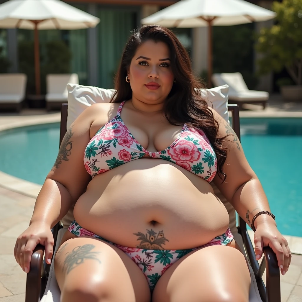 A woman is obese with a lot of belly fat and looks like Tess Holliday, she is a plus size model with a beautiful face, she is wearing a colorful bikini swimsuit and has a big belly, she is an obese American female sumo wrestler with a very large belly, her belly is bulging and covered with a lot of fat, she has a nice saggy belly and a tattoo around her navel, she is sitting on a deck chair by the pool in a luxury hotel, 4K quality, low angle