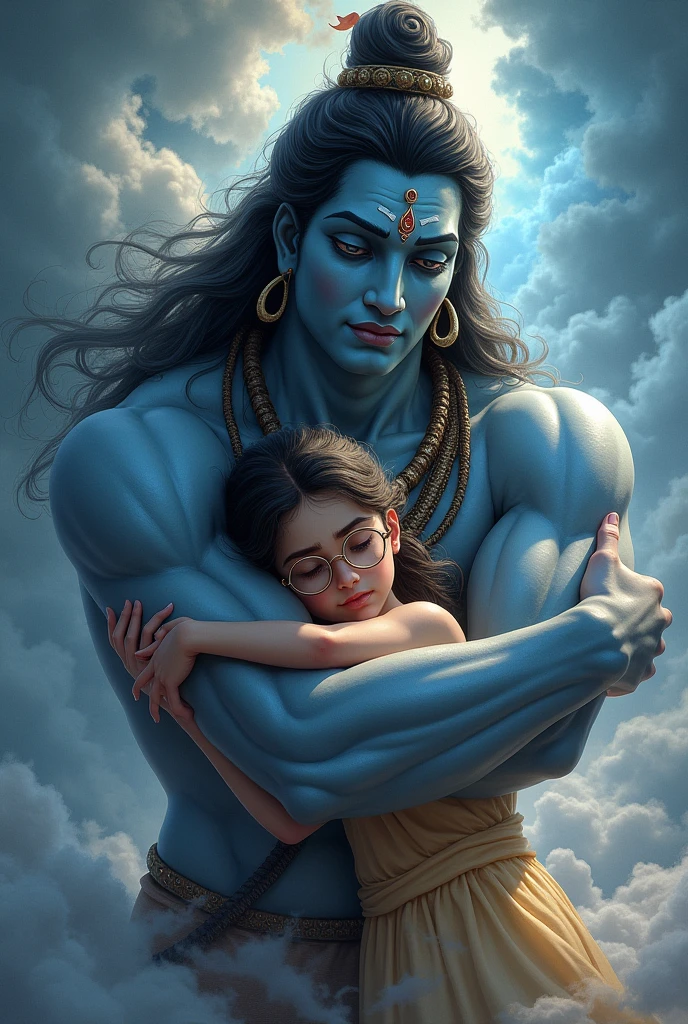 A girl wearing specs hugging lord shiva