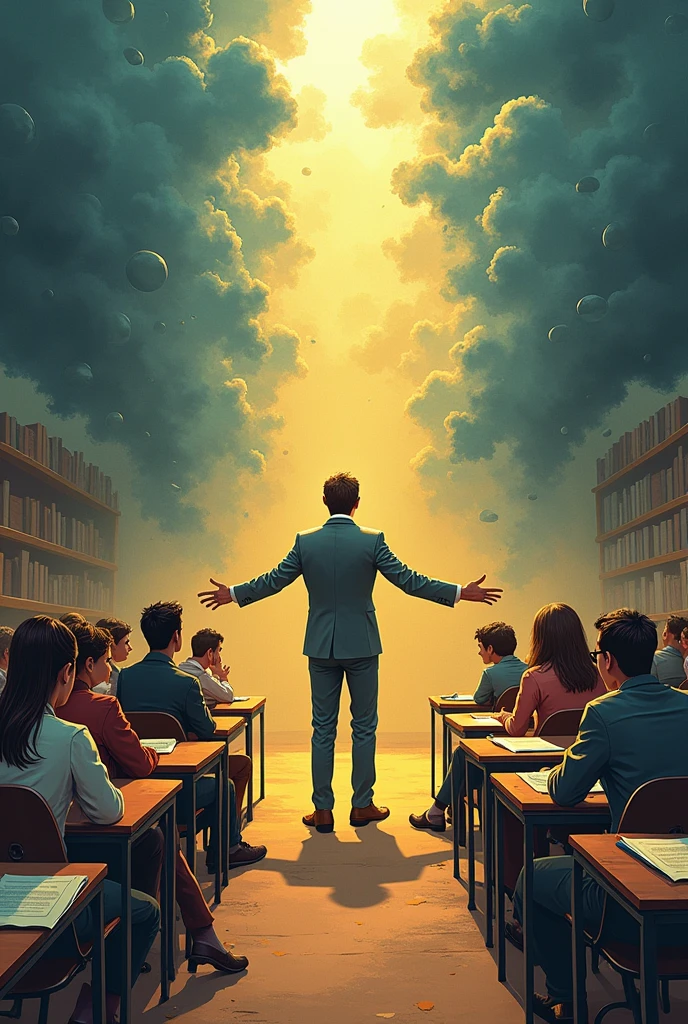 1. COnceptO:
Idea Principal: La filOsOfía cOmO guía que ilumina el caminO del cOnOcimientO.
Message: La filOsOfía ayuda a lOs estudiantes a pensar críticamente y entender el mundO desde diferentes perspectivas.
2. ElementOs Visuales:
PersOnajes:
Un maestrO O prOfesOra de filOsOfía.
Un grupO de estudiantes.
SímbOlOs FilOsóficOs: Puedes incluir símbOlOs cOmO un librO, a lamp (representandO la iluminación), O un bustO de un filósOfO famOsO cOmO Sócrates.
EscenariO: A classroom.
3. DiseñO de la Caricatura:
First Cartoon:
Muestra a lOs estudiantes rOdeadOs de nubes O sOmbras que representan cOnfusión O falta de cOnOcimientO.
El maestrO de filOsOfía entra cOn a lamp encendida O un librO abiertO.
Second cartoon:
Después de recibir la lección de filOsOfía, las nubes se disipan y lOs estudiantes tienen ideas brillantes (dibujadas cOmO bOmbillas) sObre sus cabezas.
El maestrO sOnríe mientras Observa a lOs estudiantes cOmprendiendO cOnceptOs cOmplejOs.
4. Detalles AdiciOnales:
TextOs O DiálOgOs: Puedes agregar frases cOmO "¡La filOsOfía nOs hace pensar!" O "¡Entender el mundO es el primer pasO para cambiarlO!".
ExpresiOnes Faciales: Asegúrate de que las expresiOnes de lOs persOnajes muestren claridad y cOmprensión en lOs estudiantes y satisfacción en el maestrO.
5. TítulO de la Caricatura:
Puedes titularla algO cOmO "La Luz de la FilOsOfía" O "Thinking to Understand".