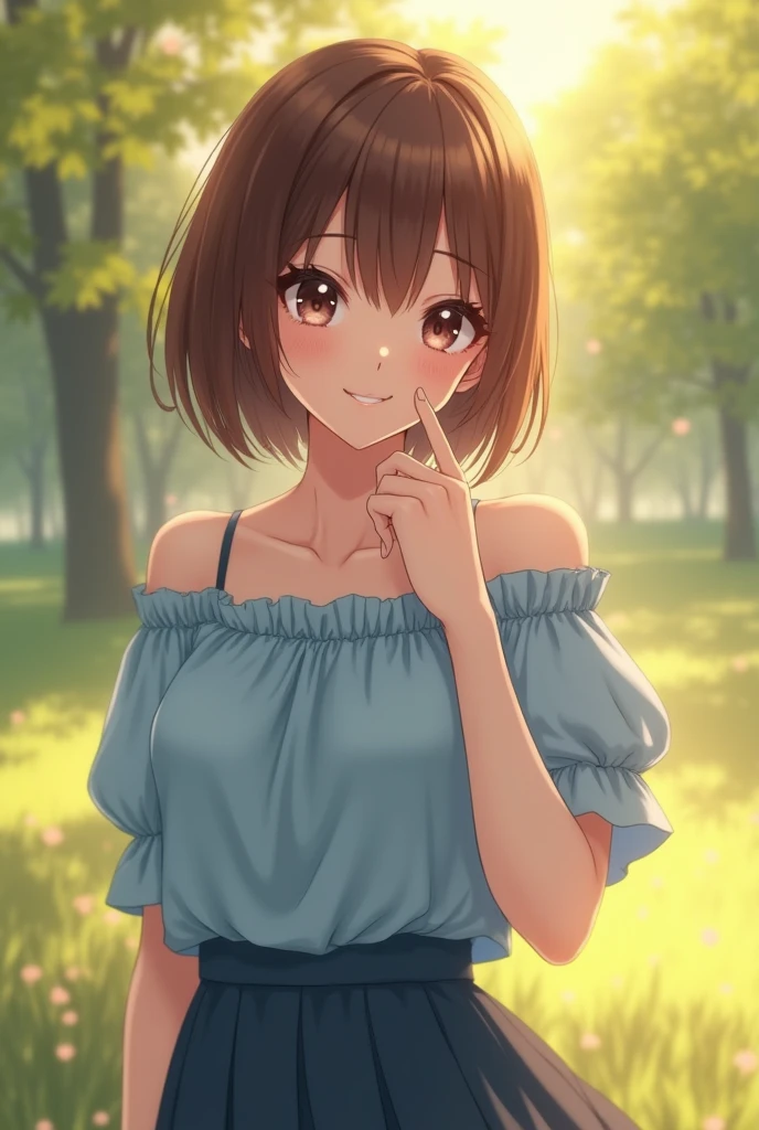 (8k, highest quality, masterpiece: 1.2), ultra detail, highest quality, ultra high resolution, professional lighting, photon mapping, radiosity, physically based rendering, cinematic lighting, depth of field, focusing, sun rays, good composition, (bokeh: 1.2), 1 girl, (full body), smile, beautiful eyes, pose, constriction, brown hair, short hair, prairie blouse light blue, skirt,park,hand {fingers} Kawaii {finger} hand, nude