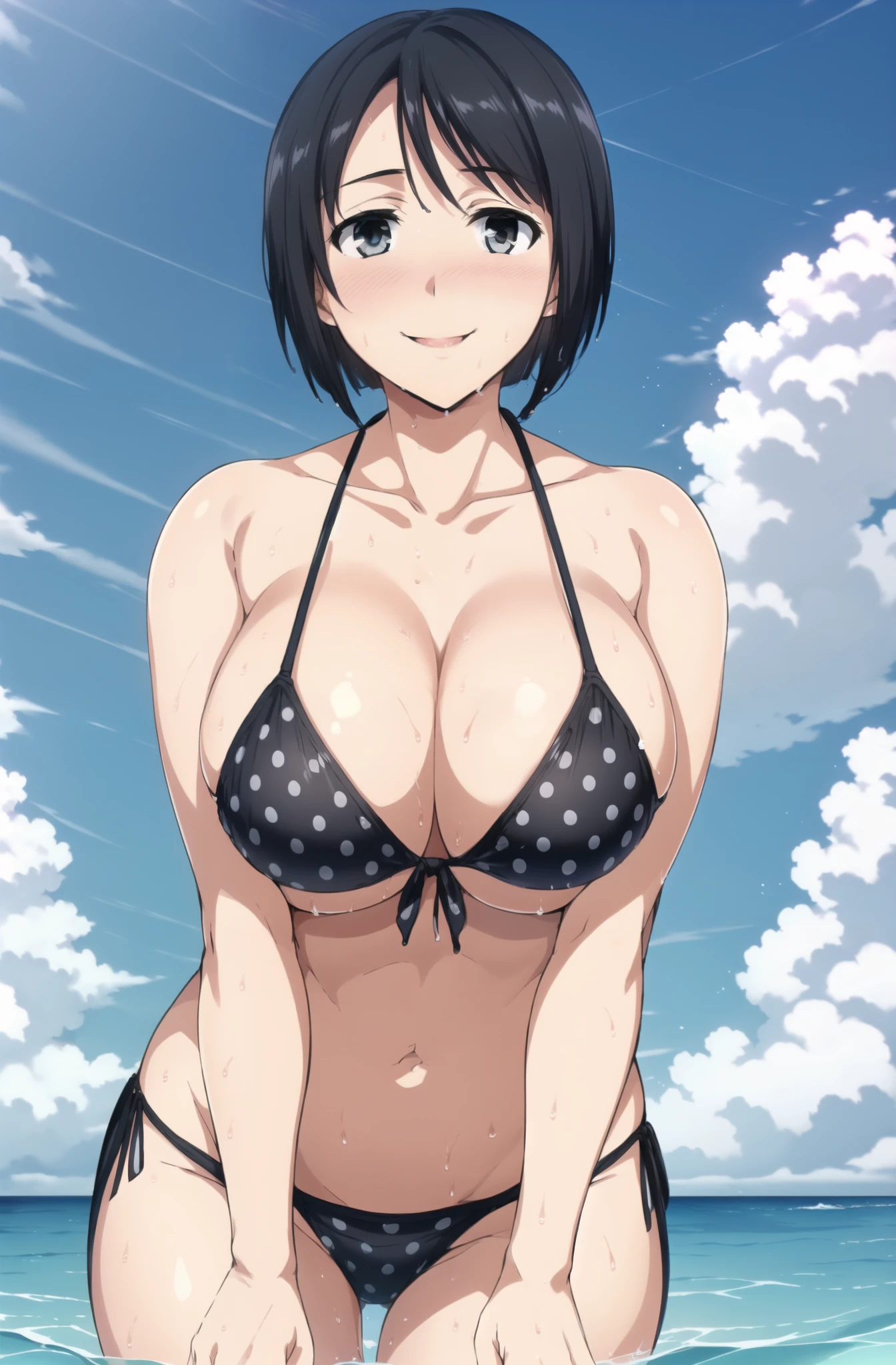 1girl, breasts, solo, swimsuit, bikini, bob cut, black hair, short hair, cleavage, polka dot bikini, blush, polka dot, day, sky, smile, huge breasts, wide hips, cloud, outdoors, looking at viewer, black eyes, water, , black bikini, front-tie top, blue sky, wet, ocean, collarbone, (MAaster piece: 1.0), (best_quality: 1.0), ultra high resolution, 4K, ultra detailed, photography, 8K, HDR,