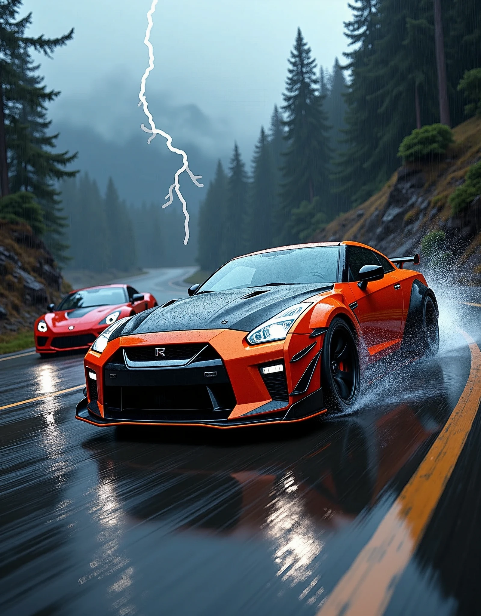 Race cars in a high speed street race (best quality,4k,8k,highres,masterpiece:1.2),ultra-detailed, ((a customized car)), ((street racer)), ((a beautiful paintjob)), ((fully detailed)), illustration, vivid colors, GTR Nismo racing a NSX,  Drifting, going fast, night, bright yellow headlights,setting USA Oregon's Mountain roads, No text on signs, Late night time, Set in a rain storm with lightning,1 car.,Nature, model shoot style, Fast action style, Sideways drifting in to a turn, Red and black cars, 