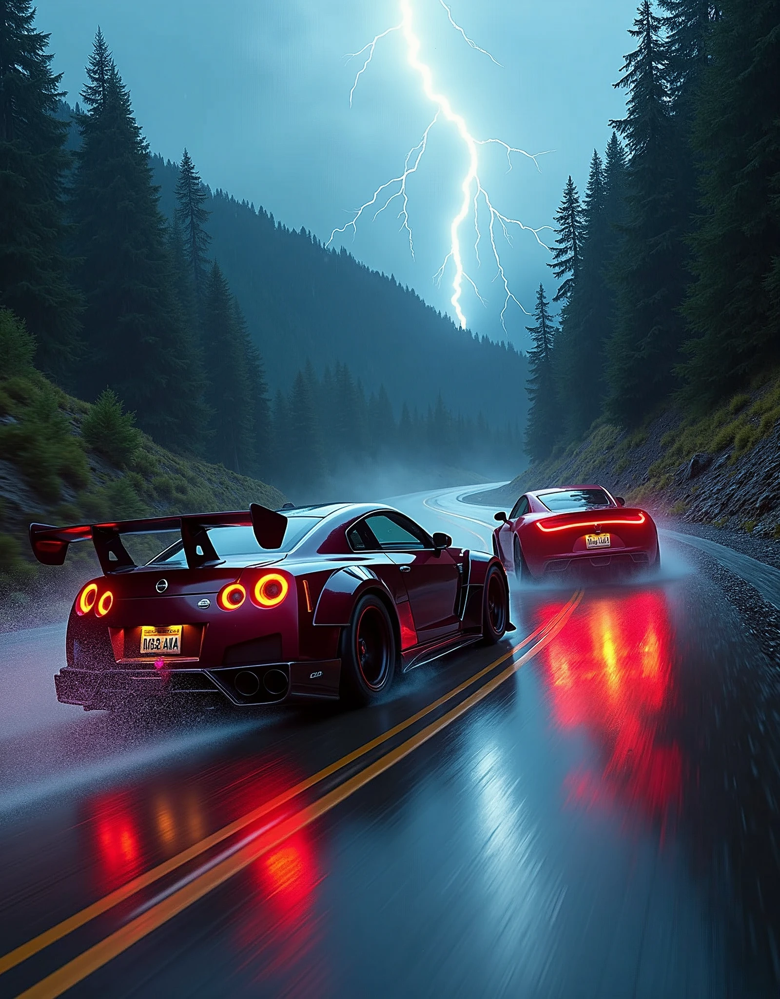 Race cars in a high speed street race (best quality,4k,8k,highres,masterpiece:1.2),ultra-detailed, ((a customized car)), ((street racer)), ((a beautiful paintjob)), ((fully detailed)), illustration, vivid colors, GTR Nismo racing a NSX,  Drifting, going fast, night, bright yellow headlights,setting USA Oregon's Mountain roads, No text on signs, Late night time, Set in a rain storm with lightning,1 car.,Nature, model shoot style, Fast action style, Sideways drifting in to a turn, Red and black cars, 