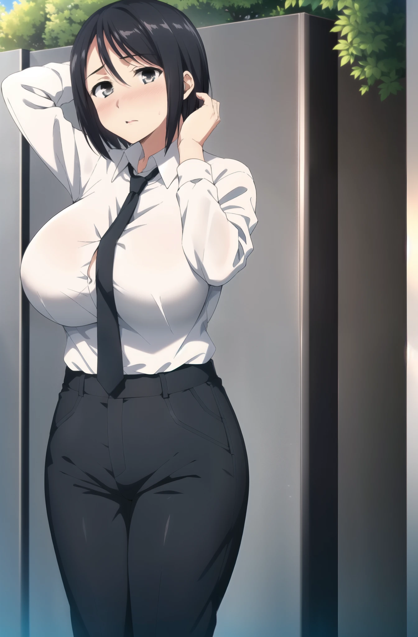  sexy body, (thick), , 1girl, standing, black hair, short hair, bangs, MAKIMA, ((white shirt)), long sleeves, necktie, stare, shy, blush, , black eyes, black necktie, hands over head, cowboy shot, huge breasts, outdoors, black pant, (MAaster piece: 1.0), (best_quality: 1.0), ultra high resolution, 4K, ultra detailed, photography, 8K, HDR,