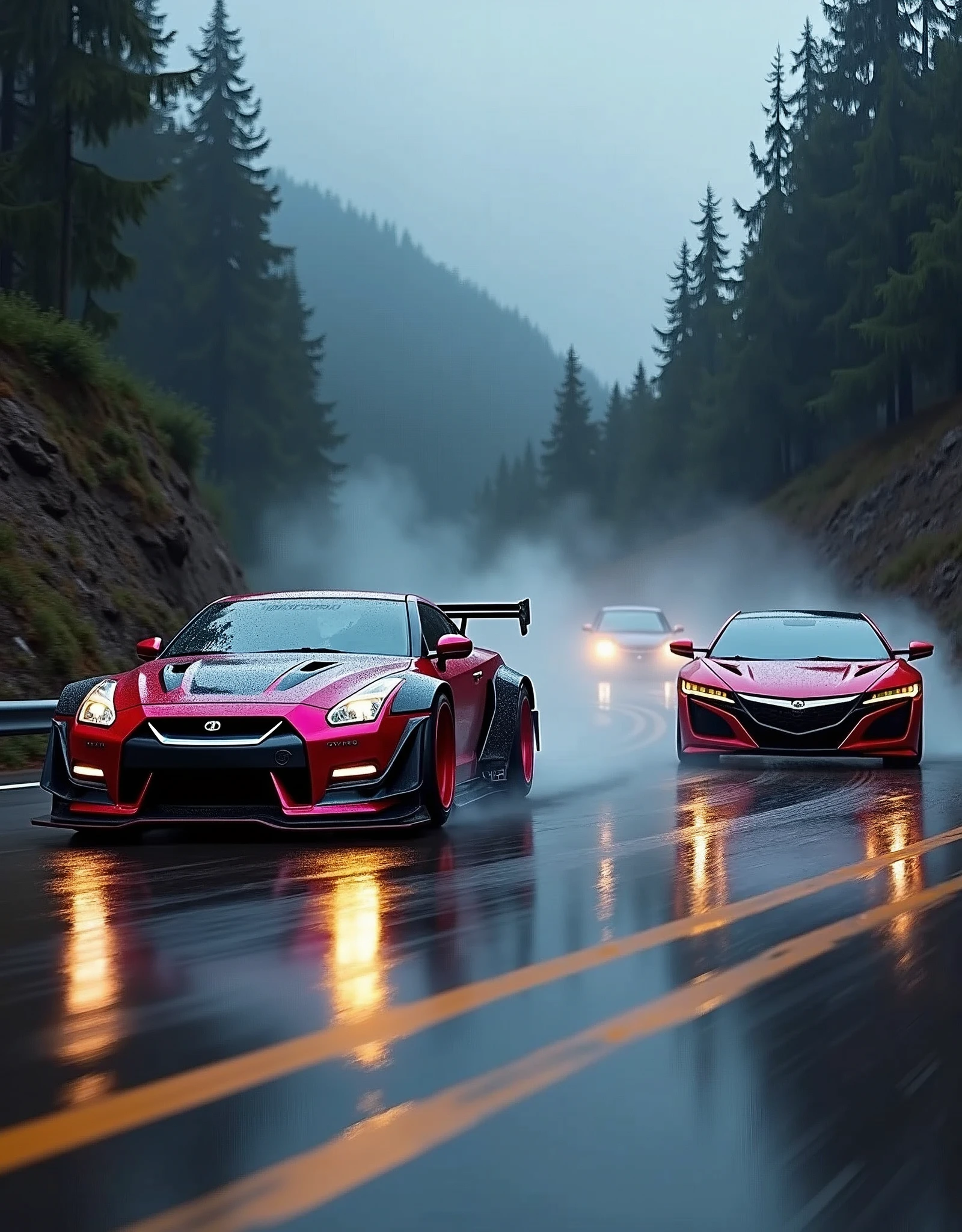 Race cars in a high speed street race (best quality,4k,8k,highres,masterpiece:1.2),ultra-detailed, ((a customized car)), ((street racer)), ((a beautiful paintjob)), ((fully detailed)), illustration, vivid colors, GTR Nismo racing a NSX, Drifting, going fast, night, bright yellow headlights,setting USA Oregon's Mountain roads, No text on signs, Late night time, Set in a rain storm with lightning,1 car.,Nature, model shoot style, Fast action style, Sideways drifting in to a turn, Red and black cars,