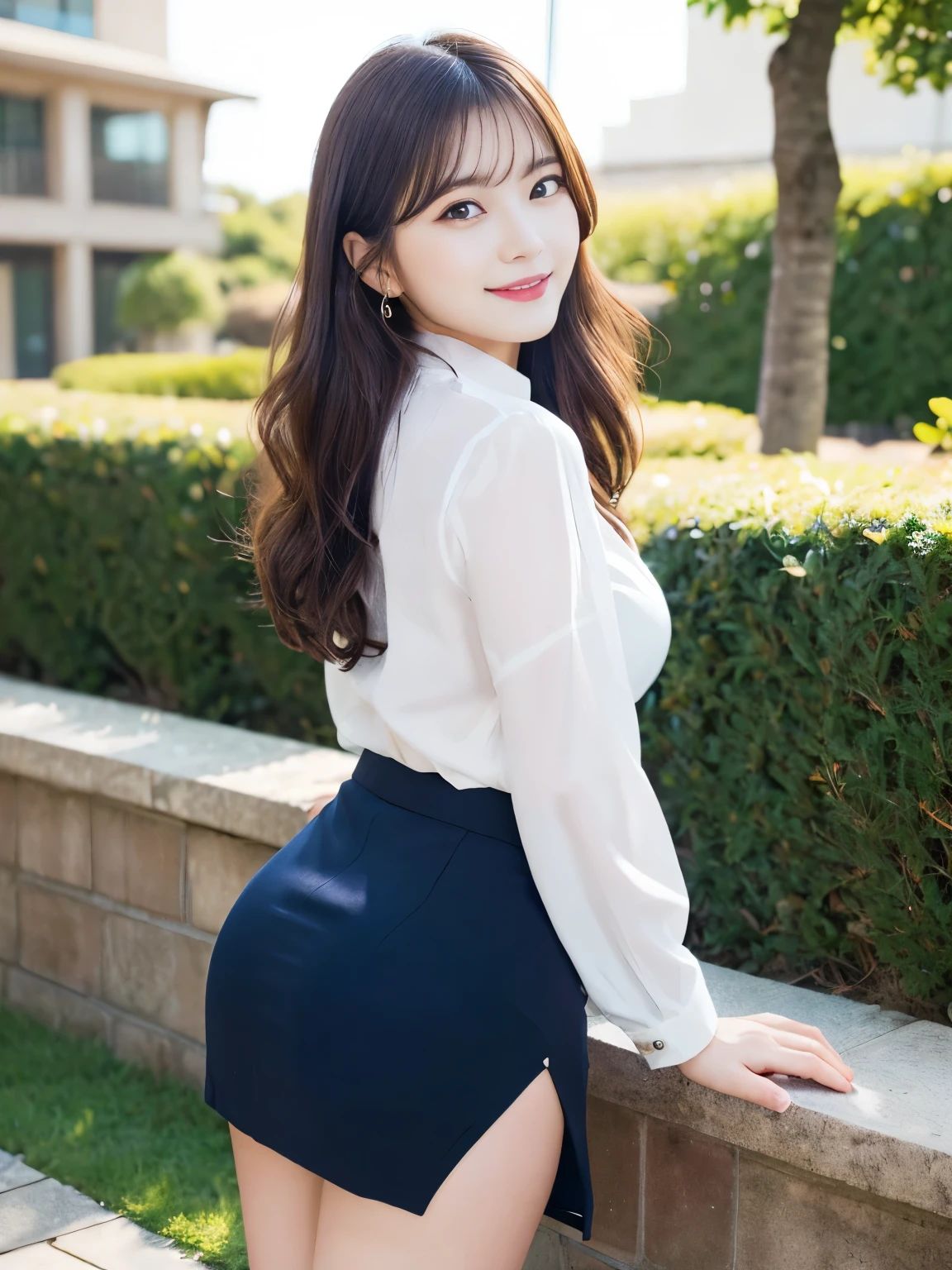 Looking at the camera, gazing at viewer, cute smile face, ((realphoto:1.4)), Photorealistic, Live action, cleavage of the breast, Navy blue office suite with skirt, white shirt, Photo from the knee up, Keep your back straight, up chest, erect through, (Surreal), (High resolution), (8K), ((Extremely detailed)), (Best Illustration), (((Beautiful detailed round eyes))), (Sexy eyes), (Sexy smile), (Best Quality),  (masutepiece), (Detailed face), Solo, long curly brown hair:1.1, (Super detailed lip lawn eyelid body),