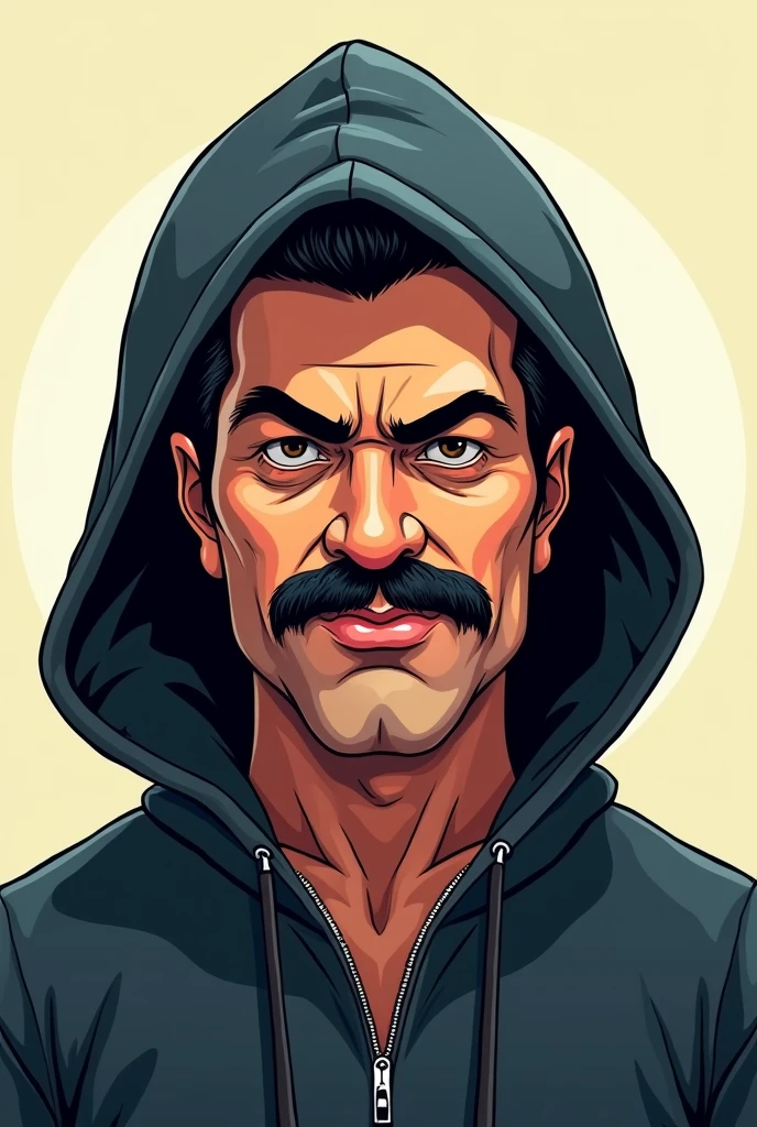 Nicolas maduro moros as a hater, cartoon type hooded, his mustache as in real life with the appearance of 23 years old but burlesque