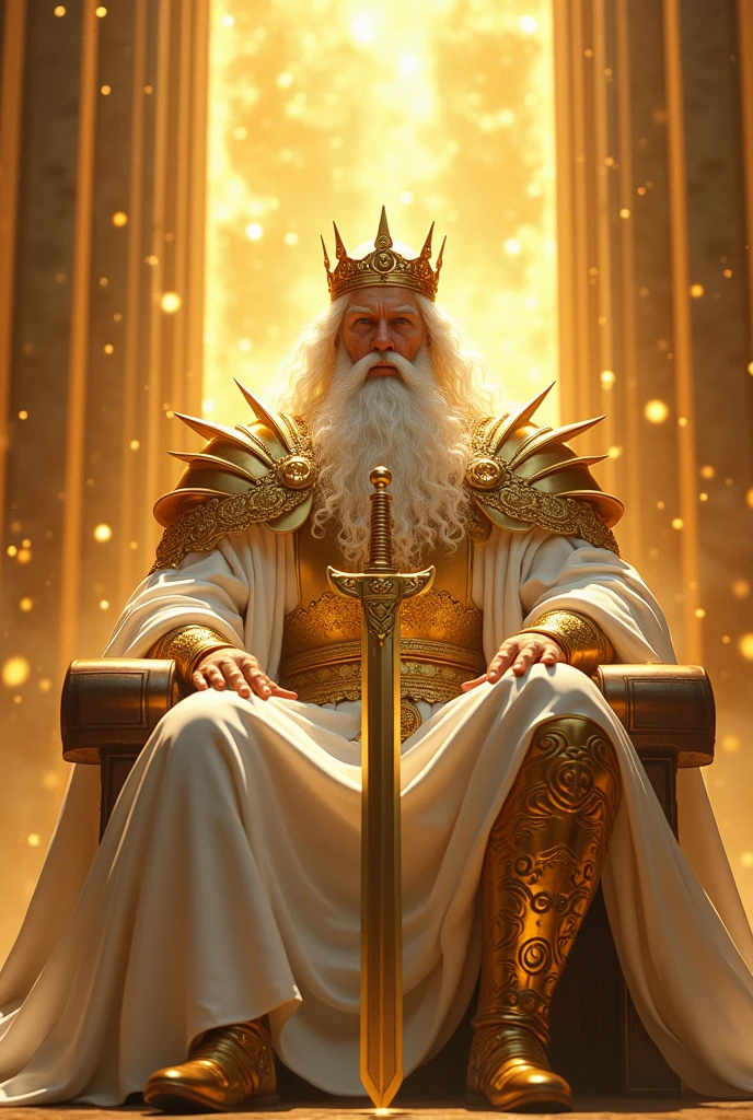 a young luminous man with posture, powerful and majestic, with huge white hair, with a big white beard, facing the front, with white robes, with a breastplate, with a golden belt and a shining golden crown on his head sitting and leaning on a large throne, and exalted, tall and spacious all in gold with shoulder armor in a city all in gold with a sword in his hand