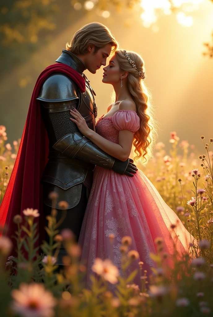 Aurora and Prince Phillip stand gracefully in a sunlit meadow. Aurora, in her flowing pink gown, exudes elegance with its shimmering fabric that catches the light, highlighting her delicate, golden hair. Her serene expression and gentle poise reflect the grace of her character. Prince Phillip, clad in his striking black and red armor with a regal cape, stands proudly beside her. His strong, yet tender gaze is filled with admiration and love. Together, they create a picture of timeless romance amidst the enchanting beauty of the natural world.