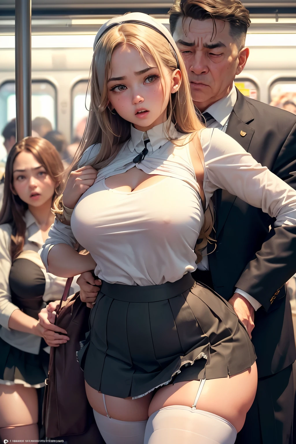 (SFW), ((photorealistic)), (masterpiece), (best quality:1.3), absurdness, [:intricate details1.3], SFW, realistic, masterpiece, (((VERY crowded subway train interior detailed scenario, VERY crowded subway train interior detailed background))), standing insanely hot (young small girl1) using sexy ((skirt)), ((behind skirt lifted)), ((3/4 white stockings)), ((big ass)), ((thick thighs)), ((fear/shocked expression)), (blushed face), (perfect body proportions)), old small man ass groping young small girl 1 from behind, (((old small man pressing his chest on young woman 1 back))) and (((holding her waist behind her)))
