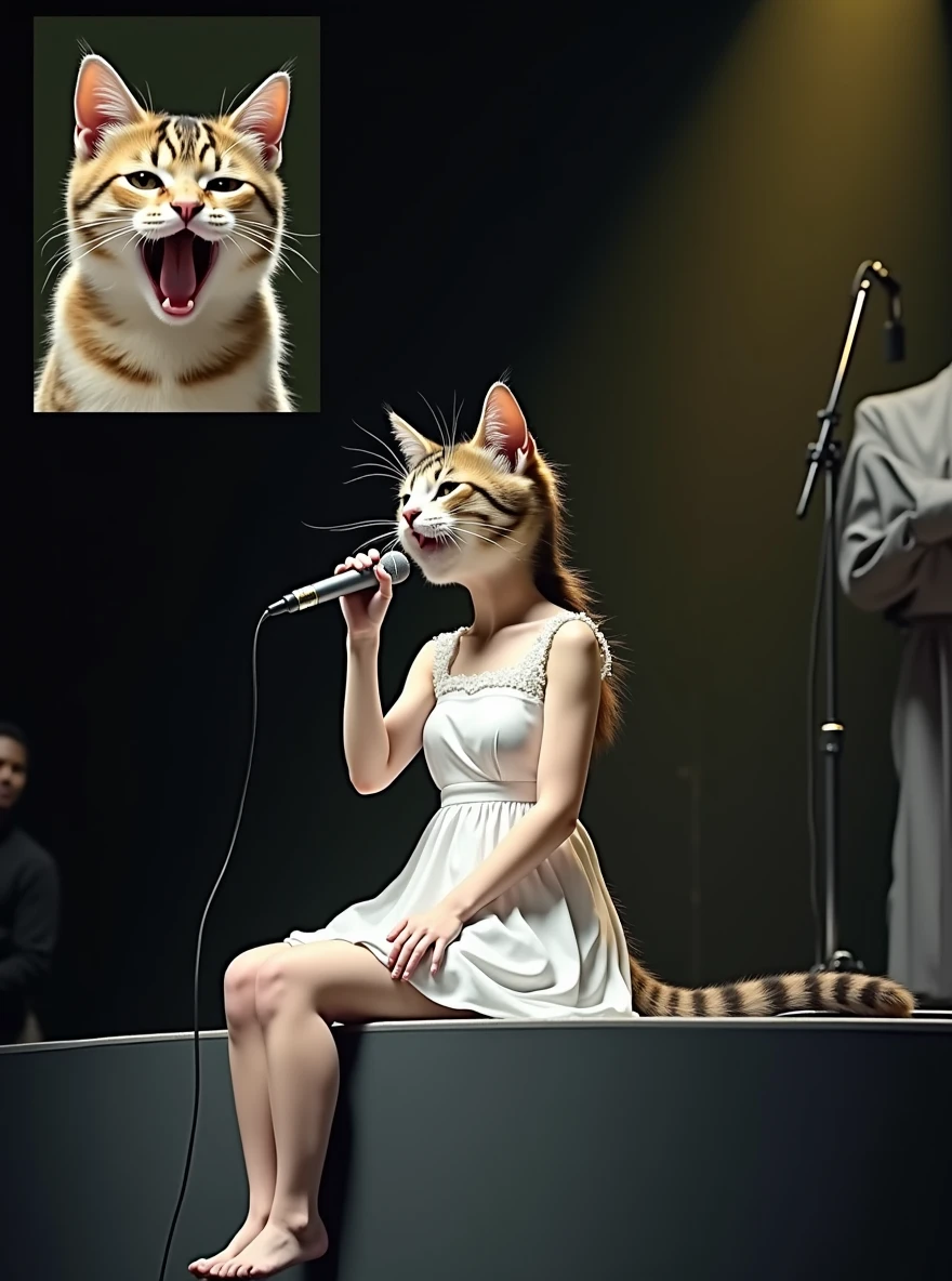 A cute female cat is wearing a one-piece white dress and sitting at the edge of the stage singing with a microphone。In the small screen at the top left of the screen, there is a close-up of the face of another fat cat in the audience, yawning with its mouth wide open.。(((photograph、Realistic)))