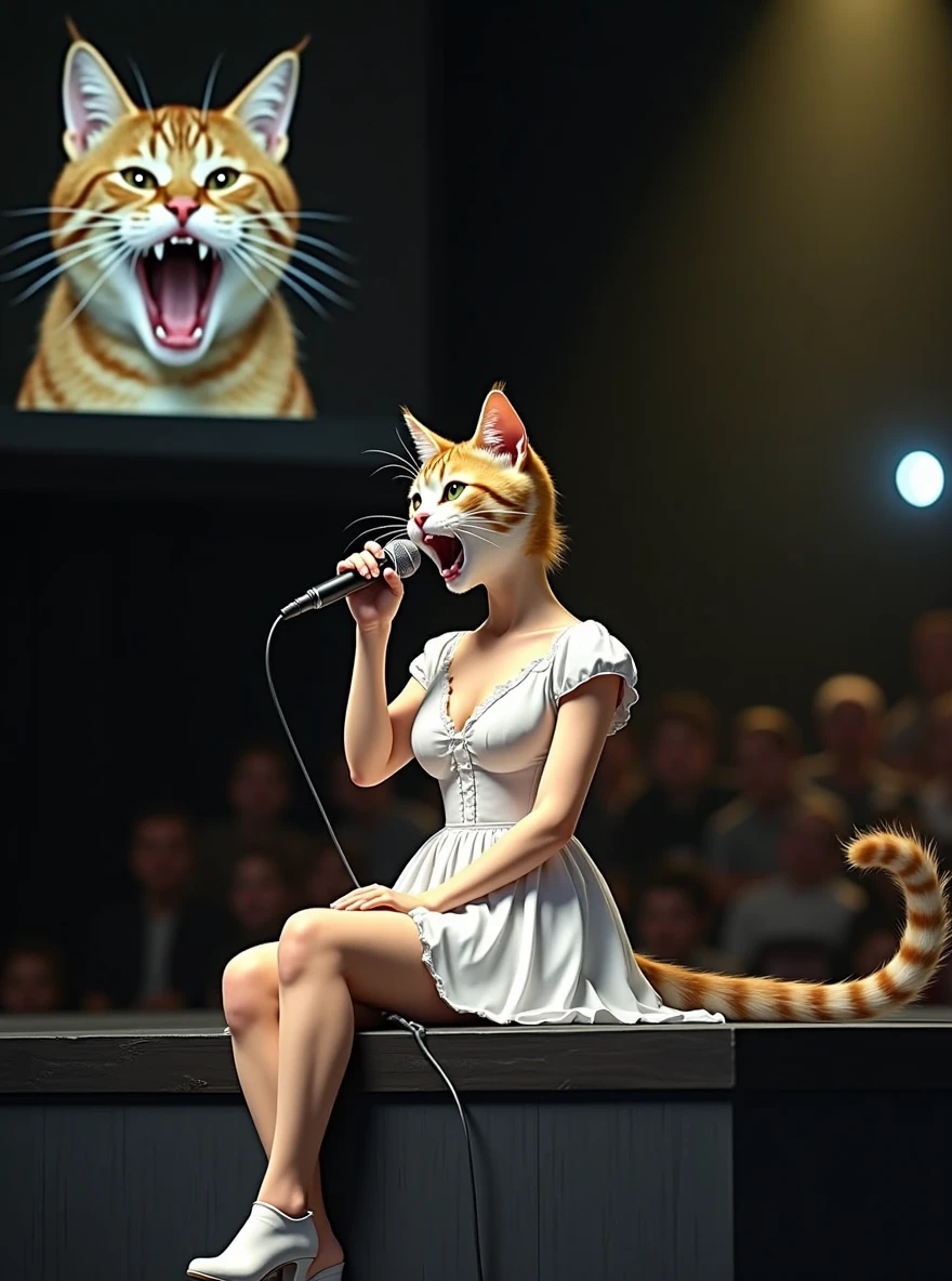 A cute female cat is wearing a one-piece white dress and sitting at the edge of the stage singing with a microphone、The cat&#39;s forward movement is covered with cat hair、。The small screen in the upper left corner of the screen shows a close-up of a fat cat in the audience, yawning with its mouth wide open.。(((photograph、Realistic)))