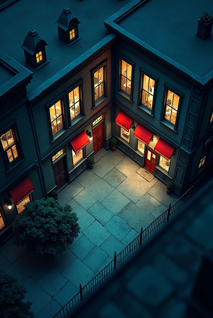 vampire the masquerade, map rpg, (a commercial building, seen from the inside.), game art, birdseye straight top-down shot from a drone, battlemap, current modern theme, seen from above, role-playing game, empty location, nighttime environment, (with realistic proportions and textures, vibrant, cinematic lighting, masterpiece, 8k:1.2)