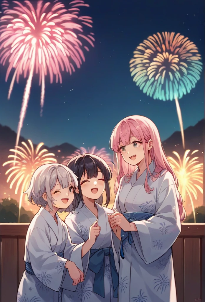 ,Silver hair, cute girl, happy, Beautiful yukata, ,,3girls[:1.5],,Long Black Hair,pink Blonde Hair, ,,,Yuri[:1.5], Summer Festivals,Wearing Geta,night,Lots of fireworks