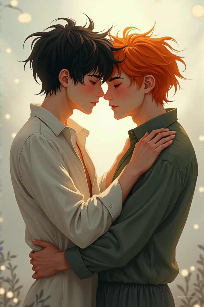 Two boys kissing, one with black hair and the other with orange hair