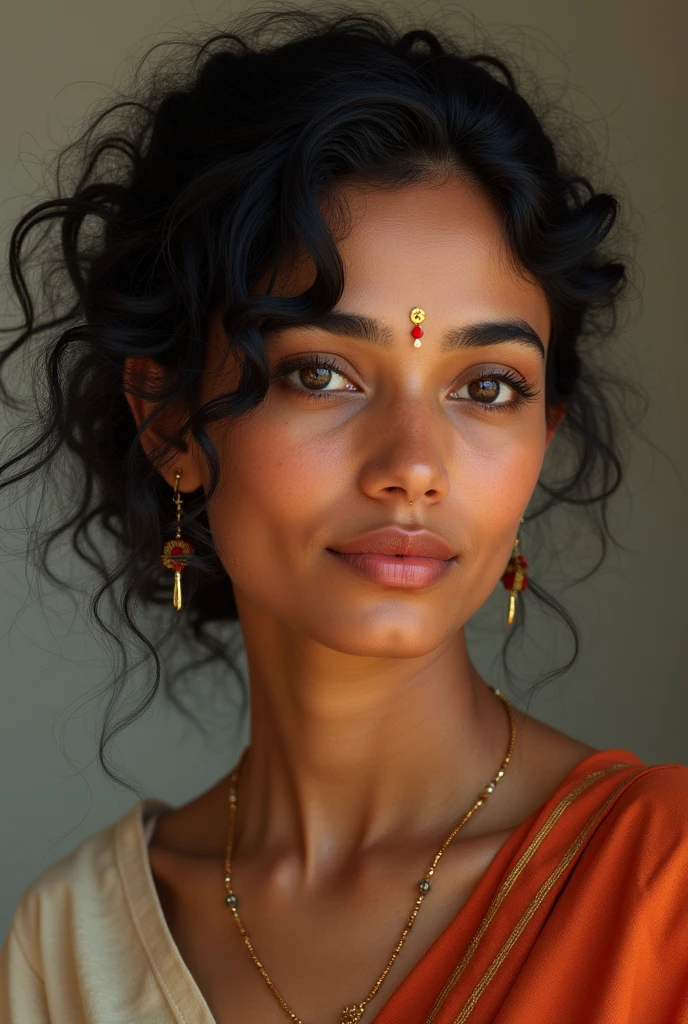 My mother name is chandra.she is 52 years old.she has fair skin and she is Sri Lanka lady. .her face is round shape.she has black curly hair.her nose has nose pin