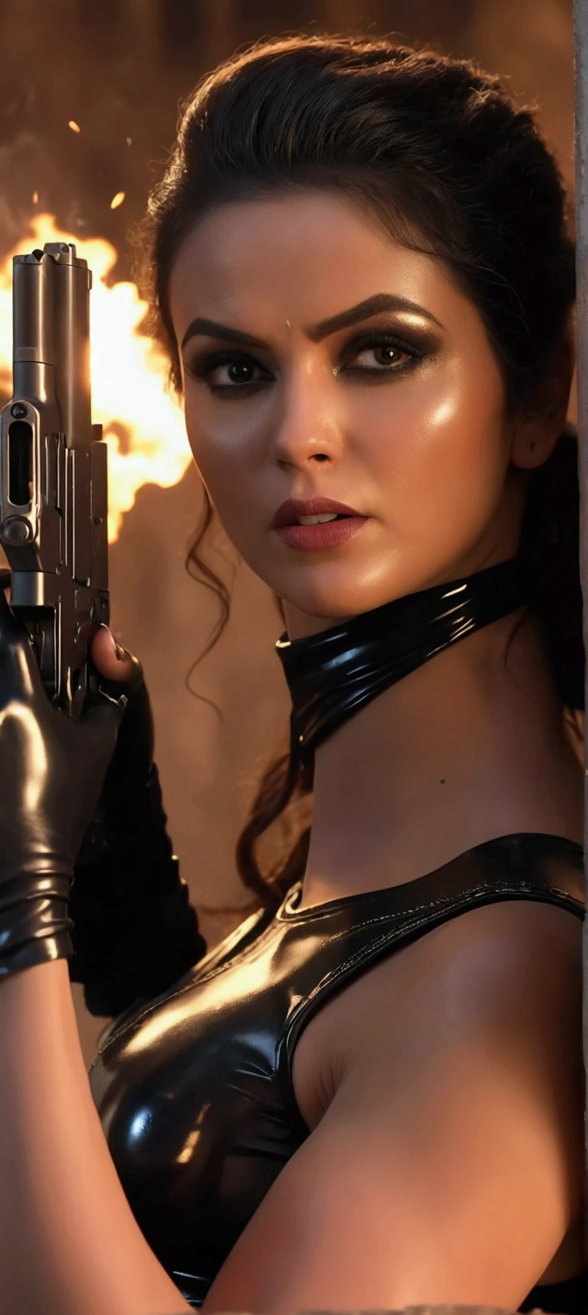 a highly detailed, cinematic action scene of a women wearing tight latex outfits, one woman holding a gun and firing, muzzle flash and smoke, beautifully sculpted facial features, detailed makeup, flowing hair, chiseled physique, dramatic lighting, cinematic camera angles, photorealistic, 8k, masterpiece