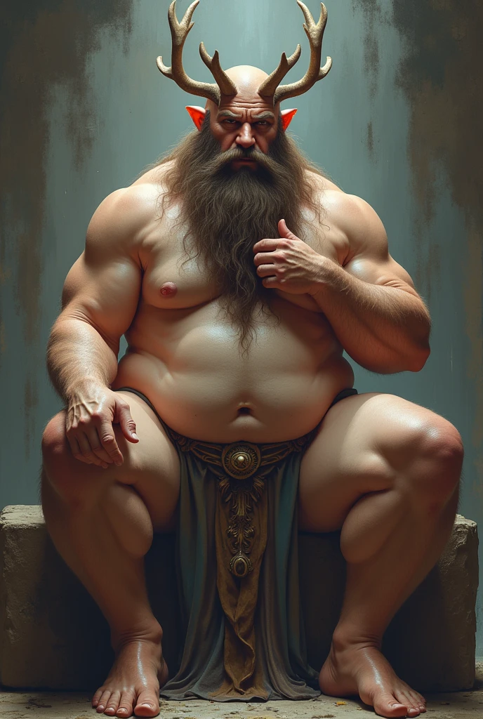 A digital art style image of the god Freyr from Norse mythology. He is sitting facing the camera in a position of superiority and virility and completely naked. .The central focus of his image is his immense and majestic penis that stands out with its incredible inhuman size and erect like a tower rising between his legs and reaching the height of his chest.. His testicles hang down his legs like two heavy bags, hanging down to his knees.. His countenance is one of eternal pleasure and astonishing virility.. The god Freyr is a large and extremely masculine man., the divinity of the phallus (male sex organ).  One of his hands rests on his beard and the other loose and free. 