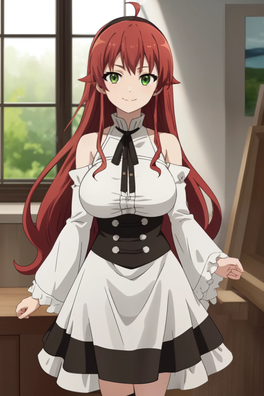 best quality, (masterpiece:1.2), detailed, eris boreas greyrat, closed mouth, light smile, long hair, red hair, ahoge, green eyes, black hairband, white dress, bare shoulders, big_breast, neck ribbon, black ribbon, brown skirt, long sleeves, standing, looking at the viewer, indoors, window, large_breast