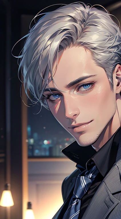 (Highest quality,4K,8K,High resolution,masterpiece:1.2),Super detailed,(Realistic,photoRealistic,photo-Realistic:1.37),1 person,31 years old,Mature Man,Beautiful skin、Profile、very handsome,Expressionless,smile,Short gray silver hair,blue eyes,Sharp Eyes,A perfect face without a doubt,Businessman,Office Background,Cinema Lighting,HDR image,tie.